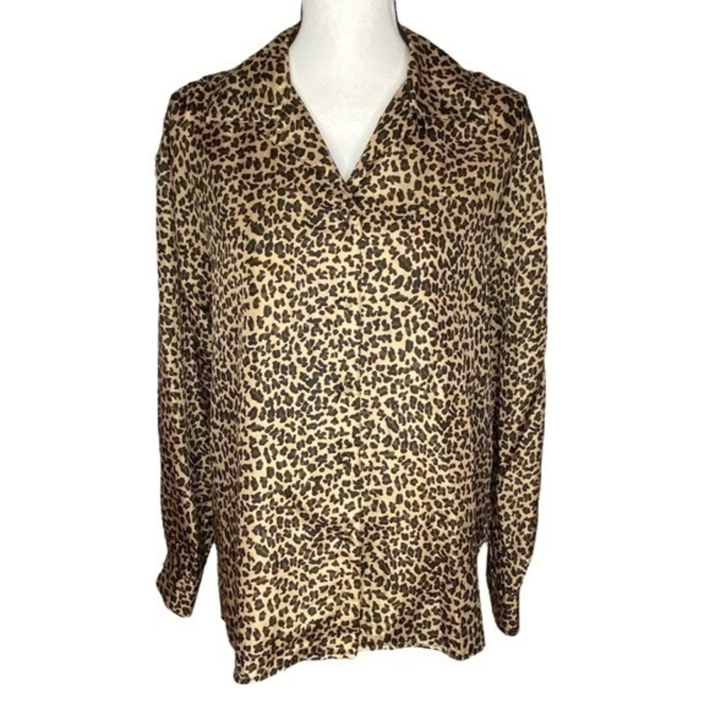 FY2 Top Leopard Print Silk Long Sleeve Button Down Blouse Size Medium